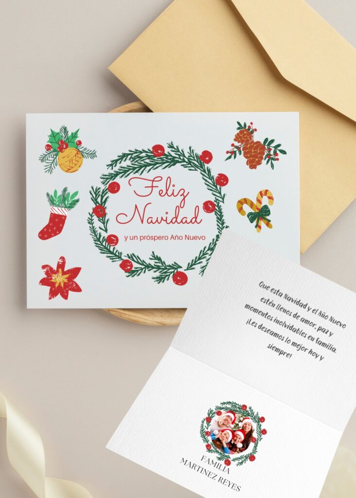 Tarjeta Navidad física o digital para saludar a tus seres queridos, además son personalizables con textos e imágenes.